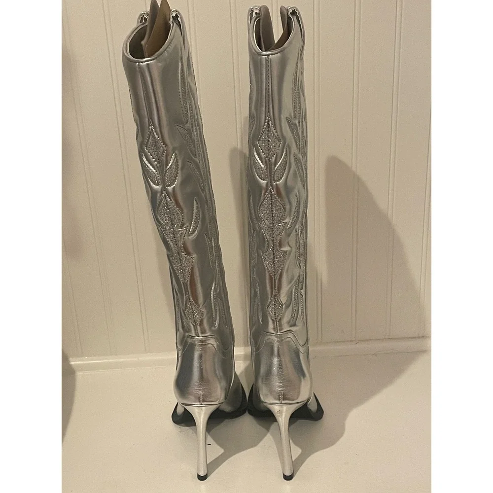 Steve Madden Kinzee Heeled Cowboy Boots Silver Metallic Pointed Toe Size 7.5 - Picture 3 of 5